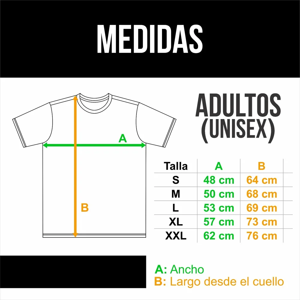 Tabla de medidas: S 48x64 cm, M 50x68 cm, L 53x69 cm, XL 57x73 cm, XXL 62x76 cm